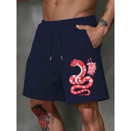 1pc Men'S Casual Polyester Shorts with Elastic Snake Print, Knitted Summer Beachwear, Regular Fit Trendy Outerwear
