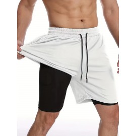 Men'S Drawstring Waist Compression Shorts, Skinny Fit, Quick-Dry, Breathable Sports Shorts, Double Layer Elastic Knitted Fabric, Cool Comfort, with Pockets for Daily Wear