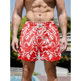 Men's Casual Chic Printed Active Shorts, Drawstring Beach Shorts For Summer Beach Resort