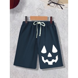 1pc Halloween Pumpkin Smile Print Men'S Casual Cotton Blend Shorts, Slight Stretch Knit Fabric, Regular Fit Sports Shorts