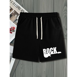 Men's Casual Rock Print Drawstring Shorts - Breathable Polyester, Pockets Included, Machine Washable