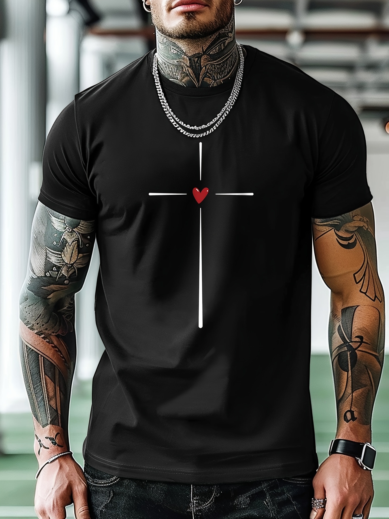 love heart graphic print mens creative top casual short sleeve crew neck t shirt mens clothing for summer outdoor details 11