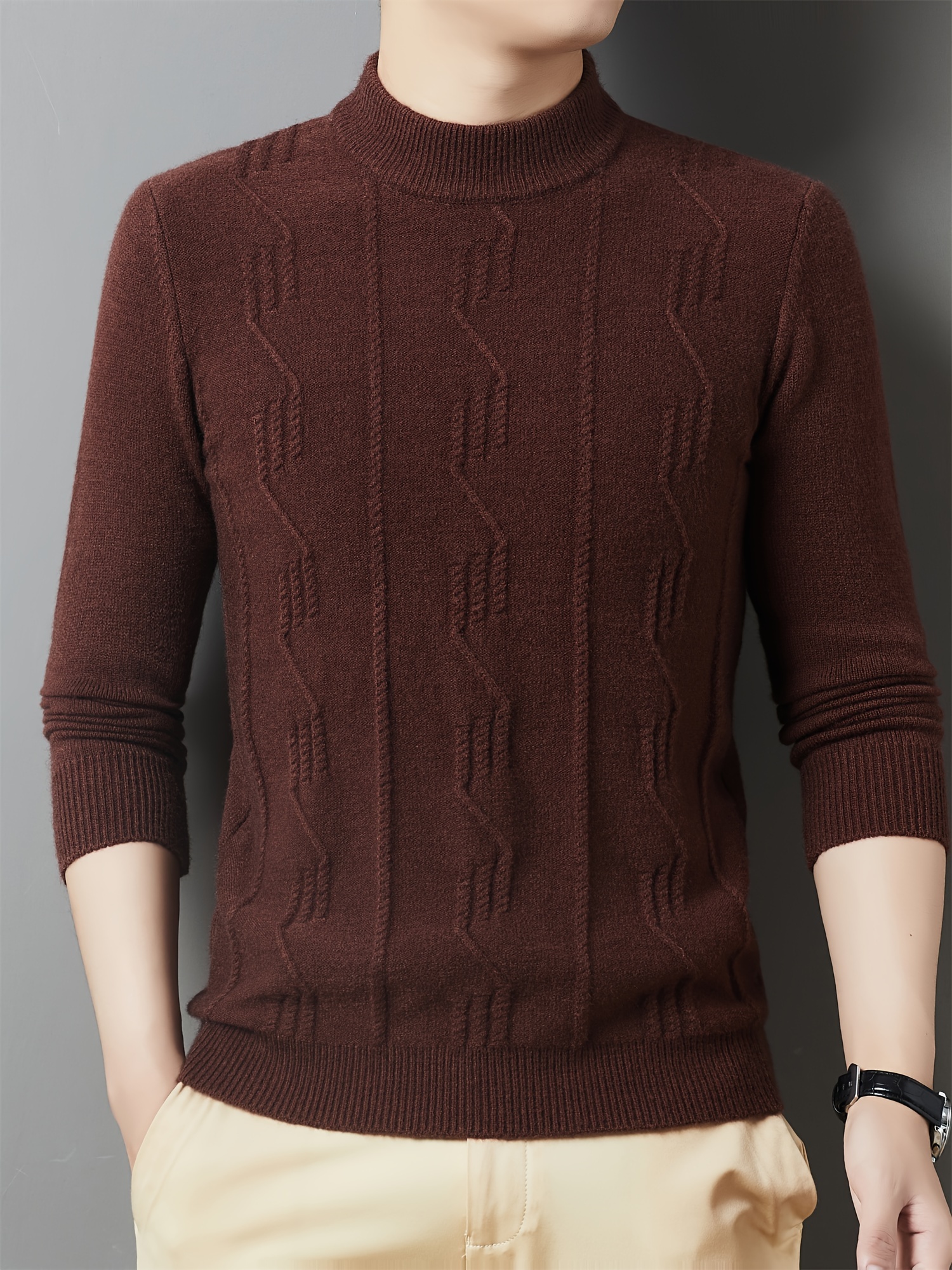 Cozy & Stylish Men s   Knit Sweater - Solid Color, Round Neck, Long Sleeve Pullover for Fall/Winter | Soft Polyester   details 0