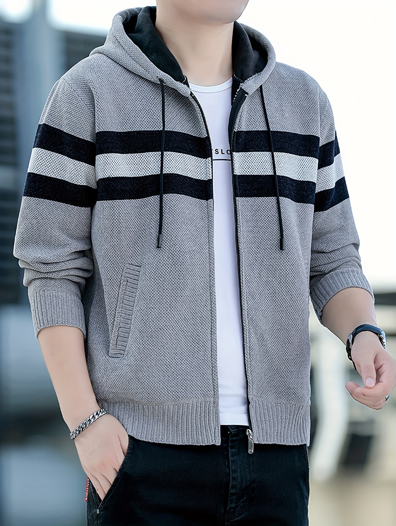 Men S Casual Knit Polyester Hooded Sweater, Long Sleeve Zip-Up Jacket, Regular Fit, with   and   Design, for Travel, Fishing, Golf, Daily   details 10