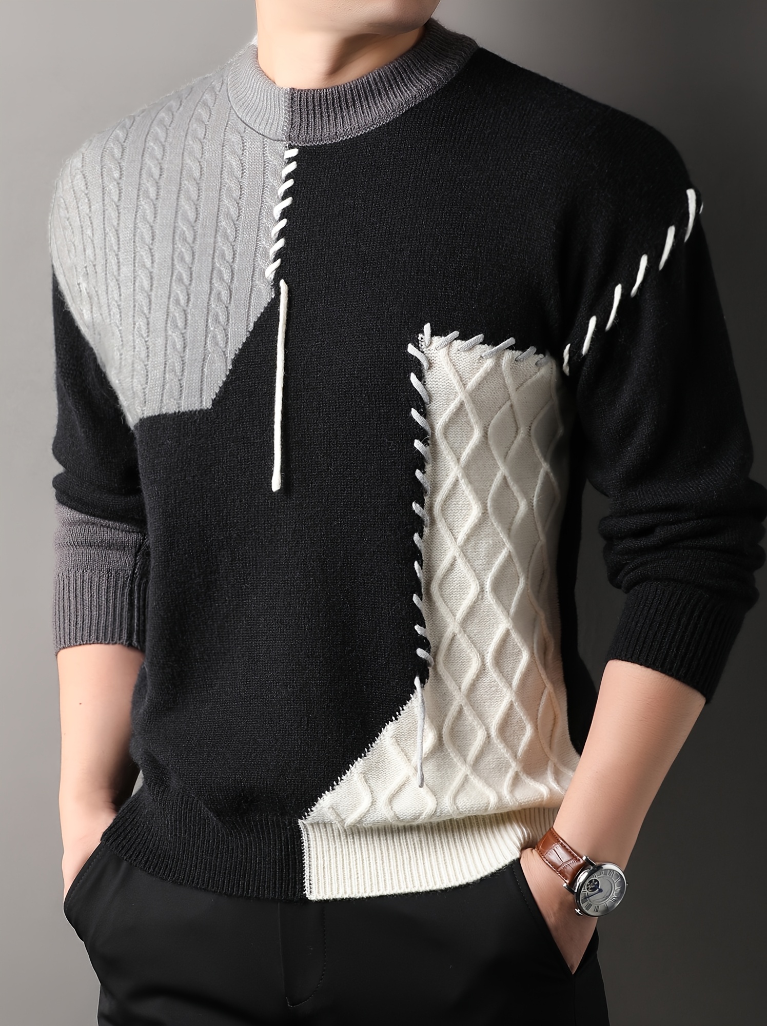 1pc mens korean   neck sweater casual striped pattern rib knit   stretch loose fit acrylic knit fabric   warm   pullover for   fashionable   base layer top 12422 details 1