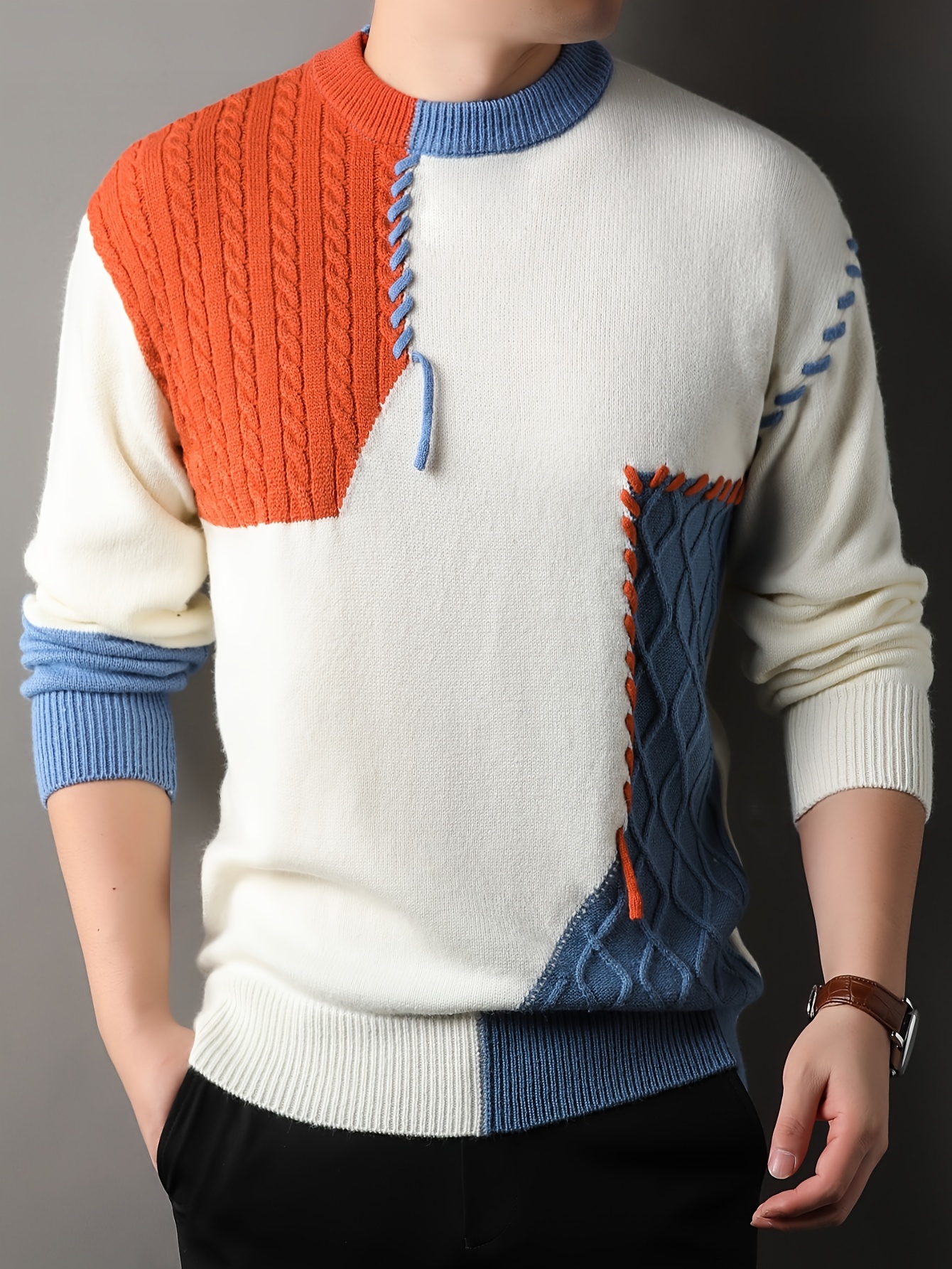 1pc mens korean   neck sweater casual striped pattern rib knit   stretch loose fit acrylic knit fabric   warm   pullover for   fashionable   base layer top 12422 details 5