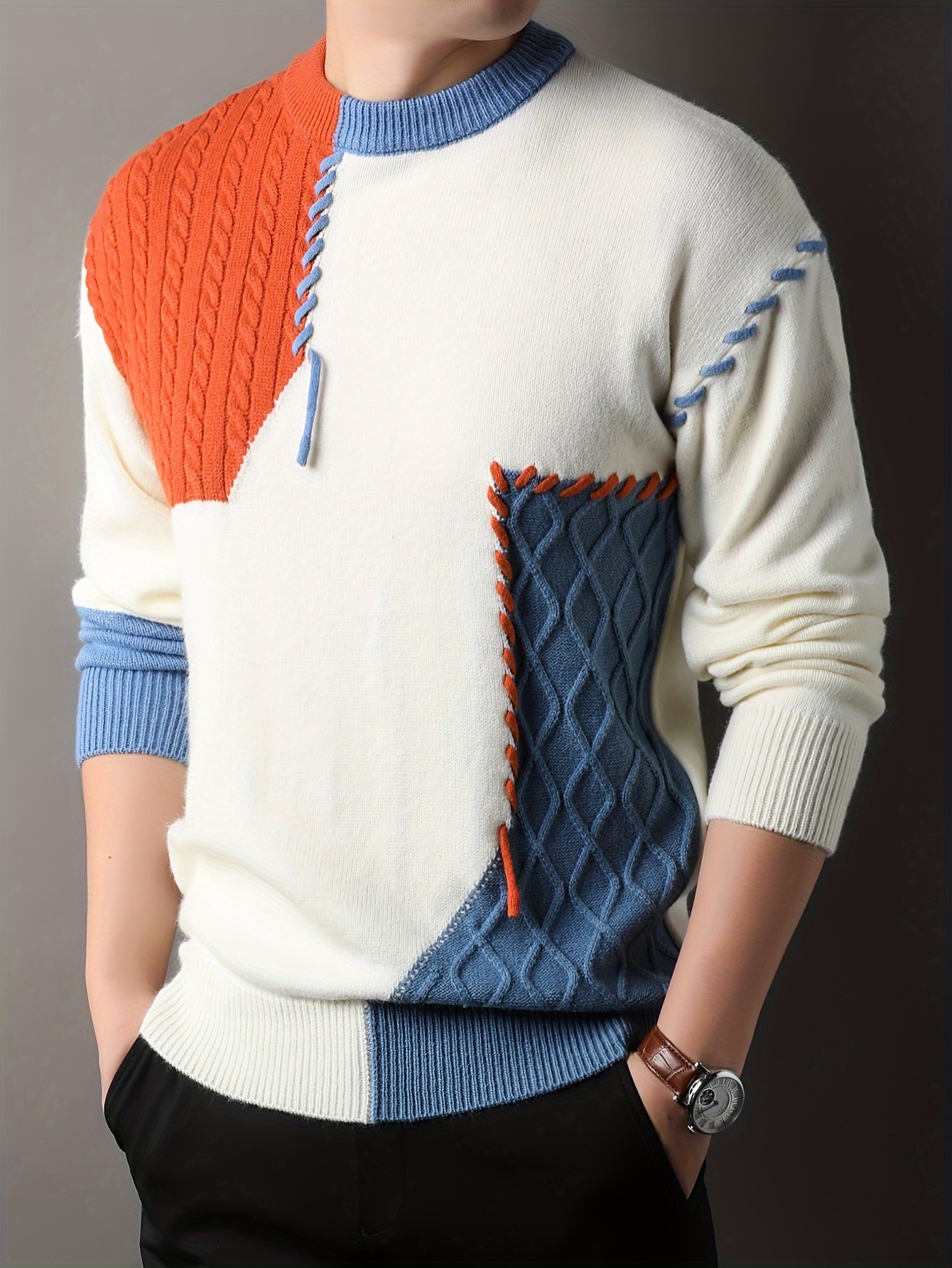 1pc mens korean   neck sweater casual striped pattern rib knit   stretch loose fit acrylic knit fabric   warm   pullover for   fashionable   base layer top 12422 details 6