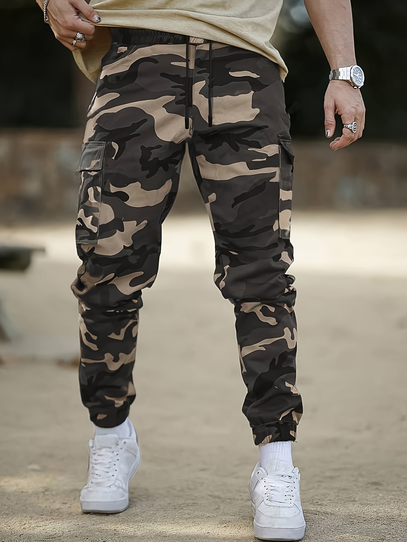 mens camo cargo pants with flap pockets drawstring waist casual outdoor workwear polyester details 0