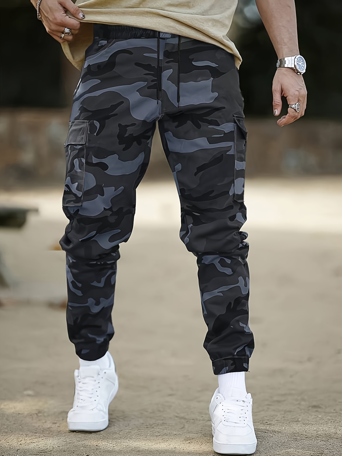 mens camo cargo pants with flap pockets drawstring waist casual outdoor workwear polyester details 1