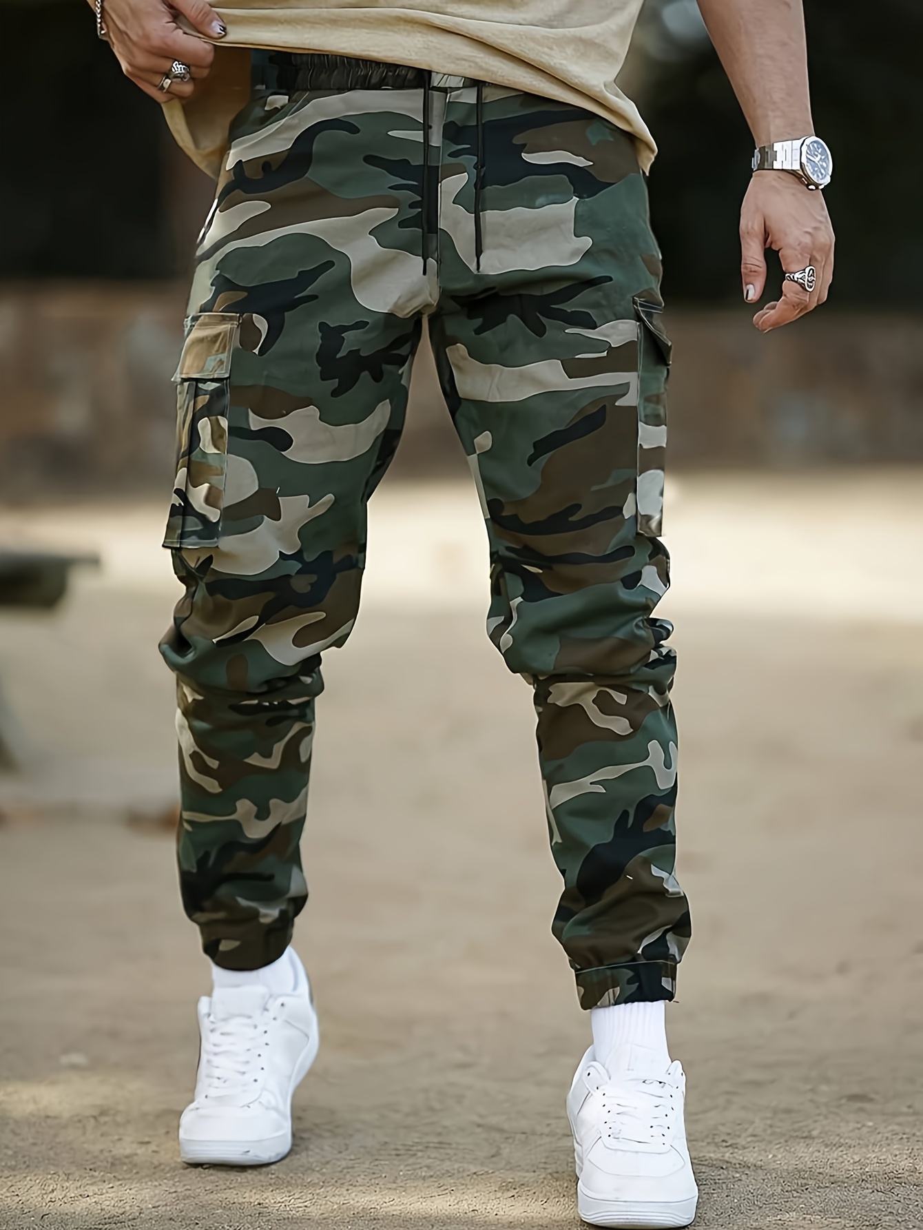 mens camo cargo pants with flap pockets drawstring waist casual outdoor workwear polyester details 2