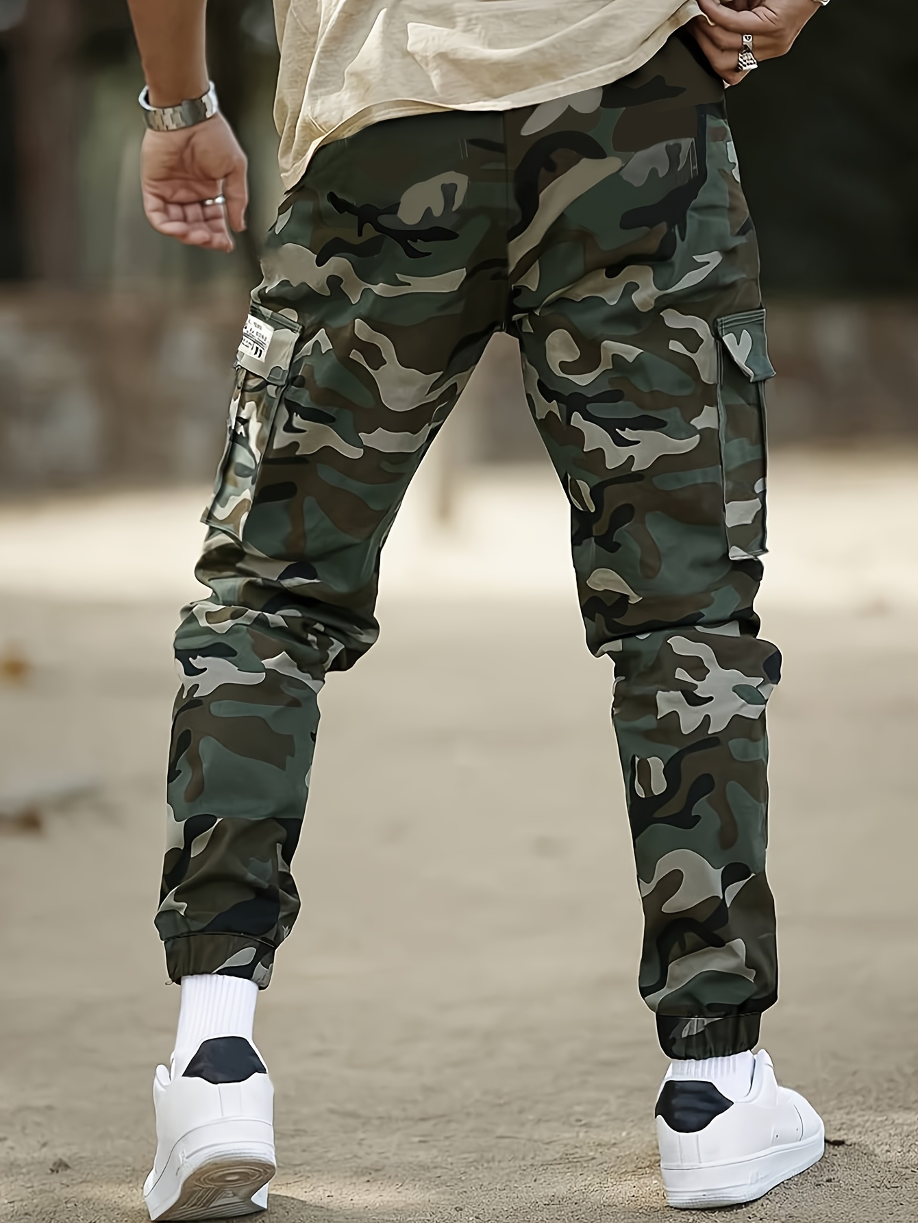 mens camo cargo pants with flap pockets drawstring waist casual outdoor workwear polyester details 5