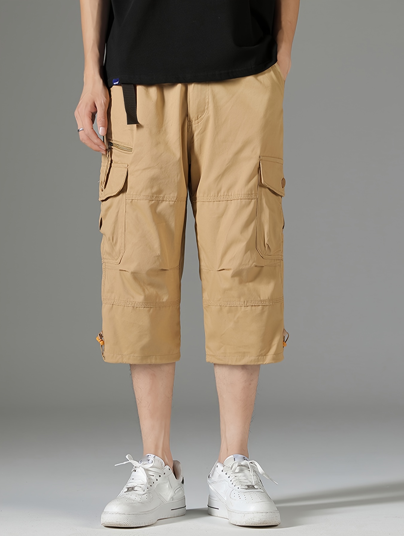 mens 3 4 length solid color non stretch   cotton cargo shorts for summer outdoor wear details 0