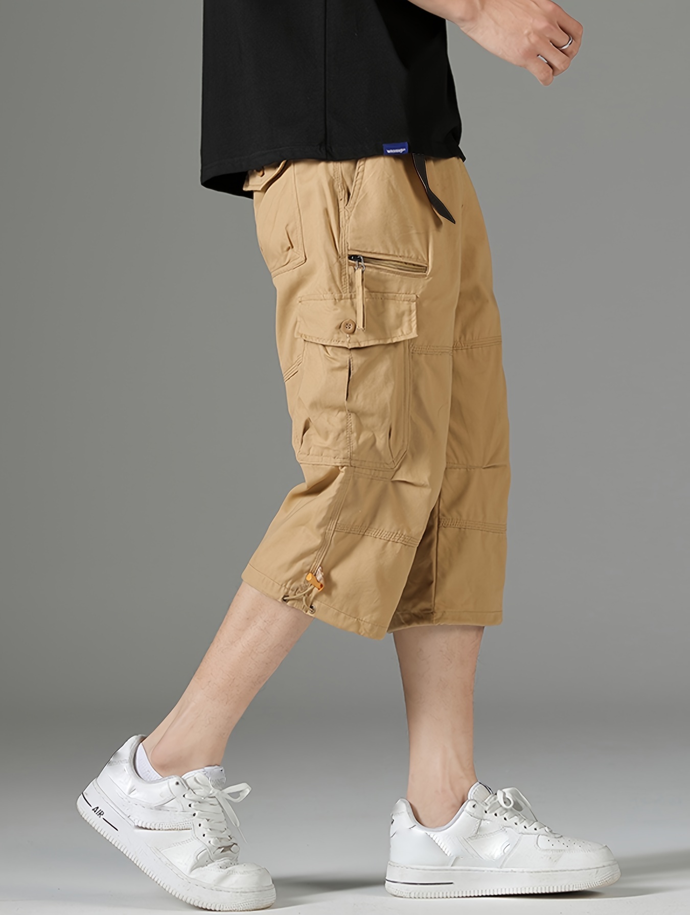 mens 3 4 length solid color non stretch   cotton cargo shorts for summer outdoor wear details 1