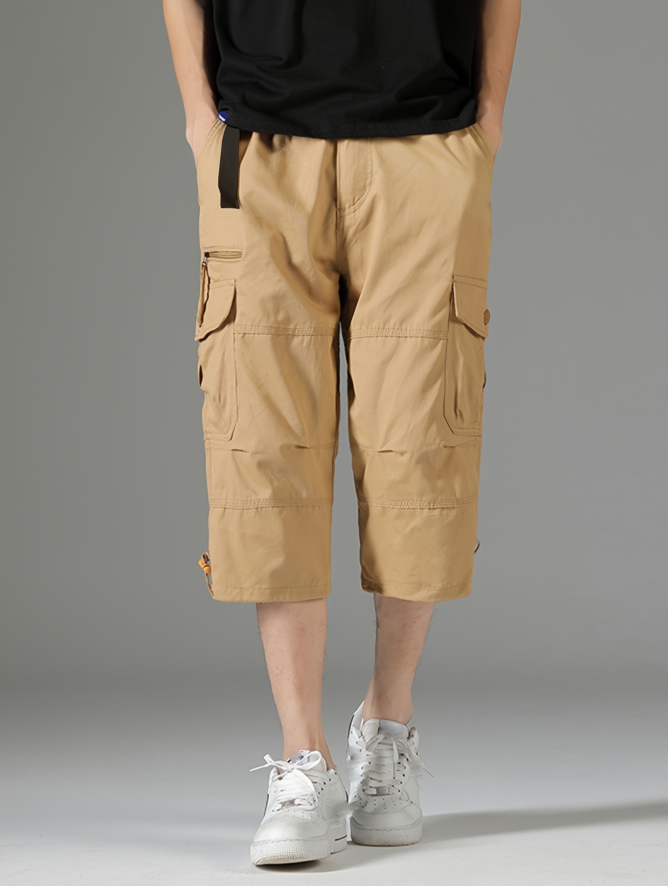 mens 3 4 length solid color non stretch   cotton cargo shorts for summer outdoor wear details 2