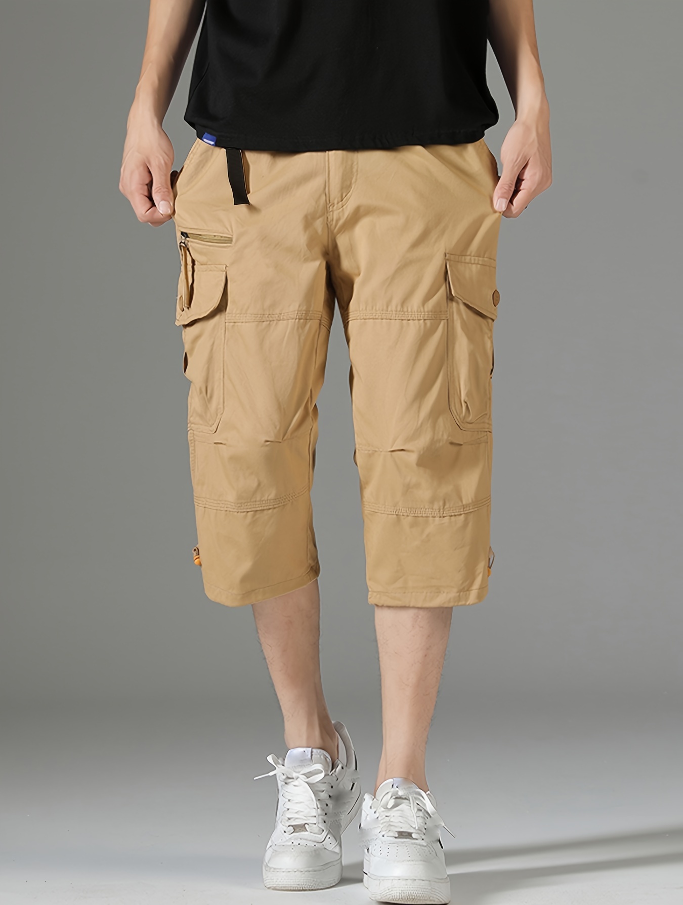 mens 3 4 length solid color non stretch   cotton cargo shorts for summer outdoor wear details 3