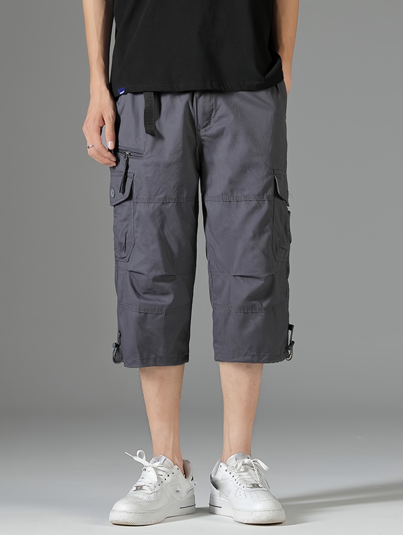 mens 3 4 length solid color non stretch   cotton cargo shorts for summer outdoor wear details 5