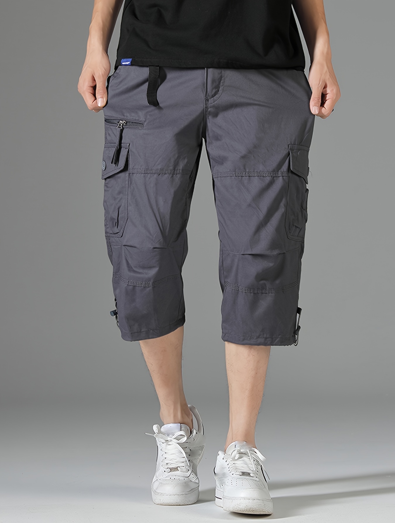 mens 3 4 length solid color non stretch   cotton cargo shorts for summer outdoor wear details 7