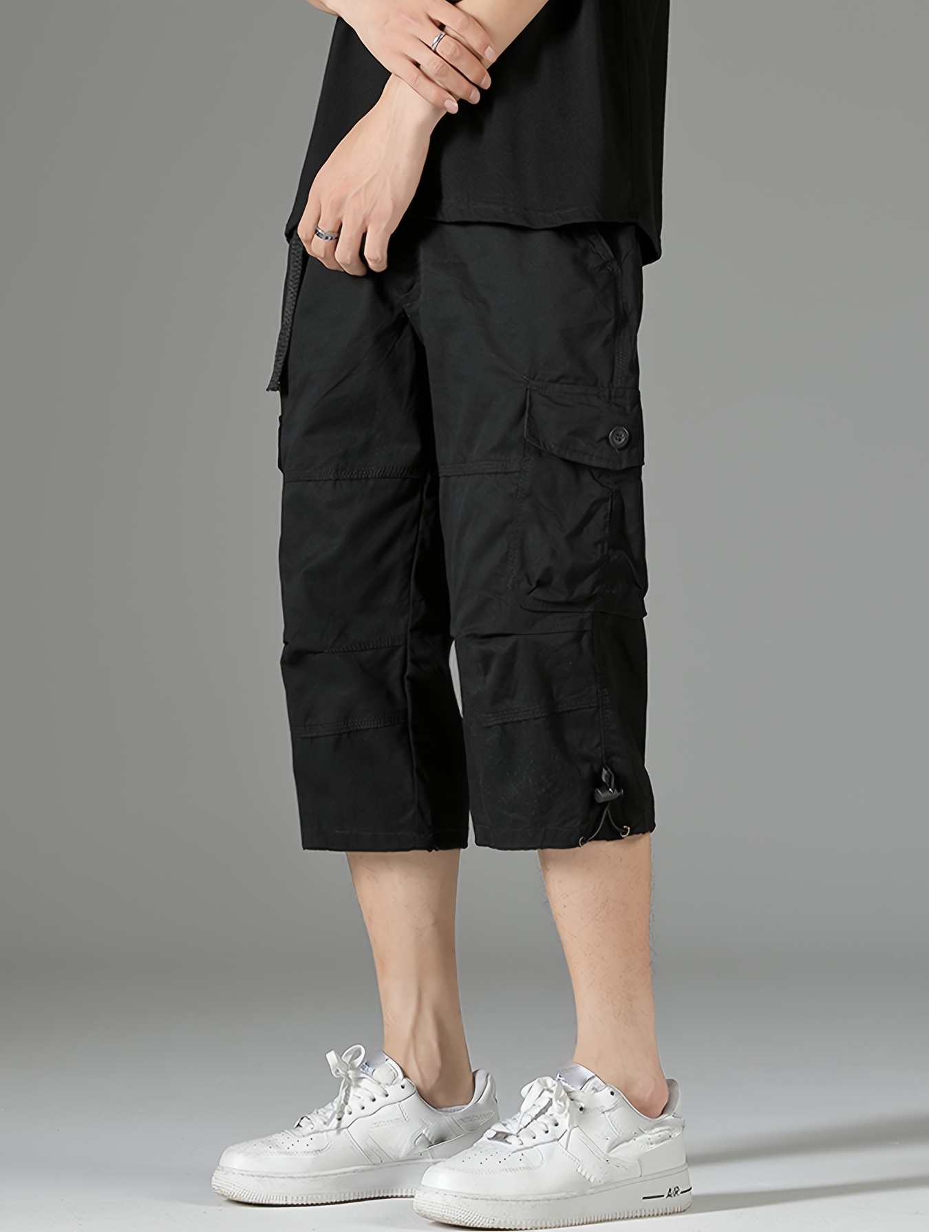 mens 3 4 length solid color non stretch   cotton cargo shorts for summer outdoor wear details 13