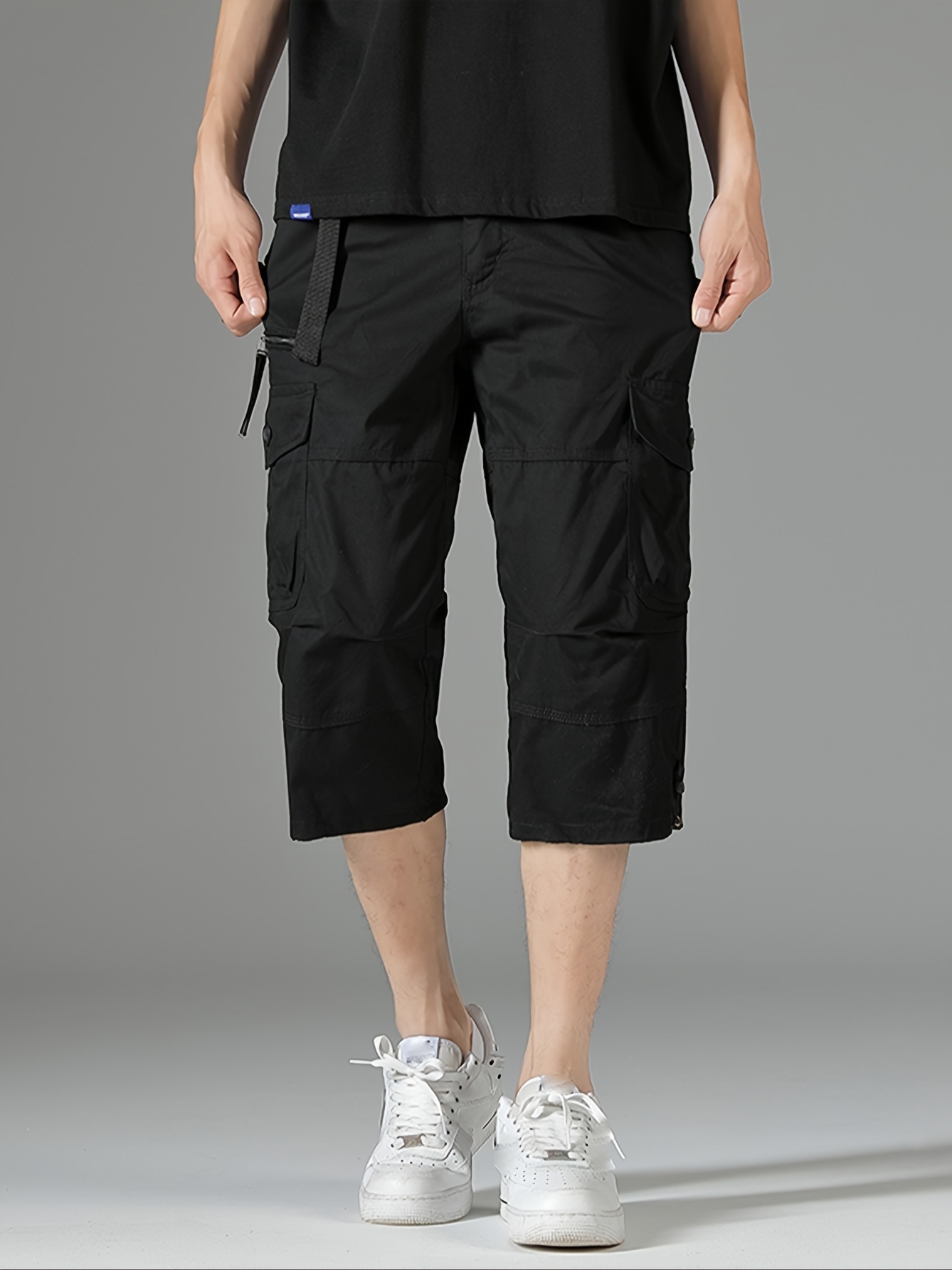 mens 3 4 length solid color non stretch   cotton cargo shorts for summer outdoor wear details 15