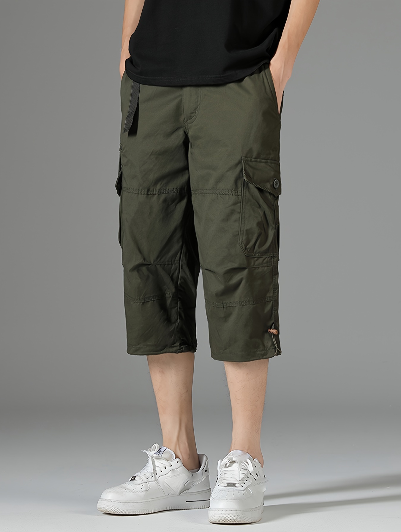 mens 3 4 length solid color non stretch   cotton cargo shorts for summer outdoor wear details 16