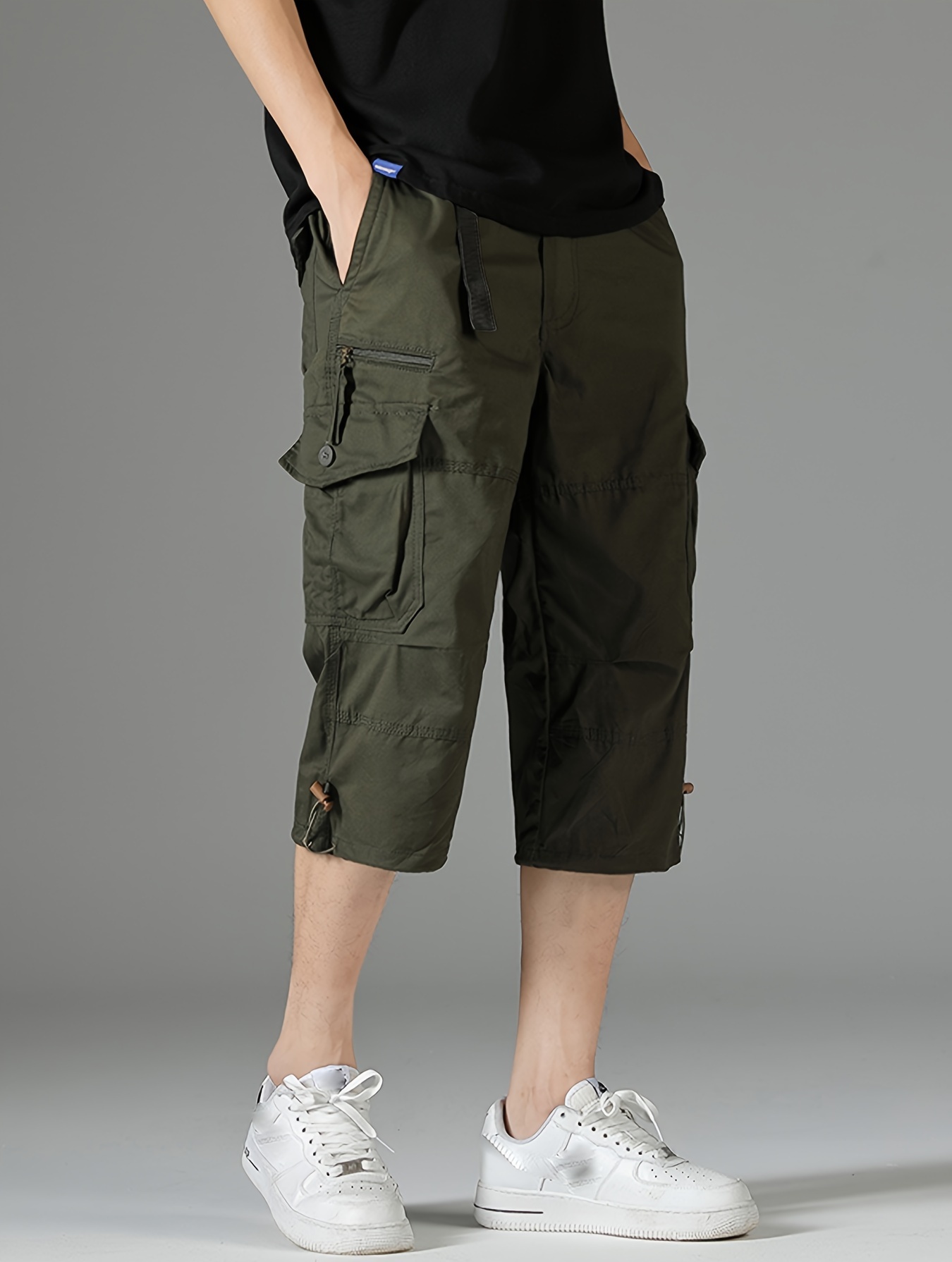 mens 3 4 length solid color non stretch   cotton cargo shorts for summer outdoor wear details 17