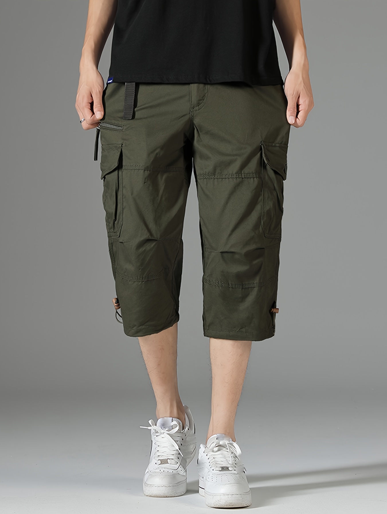 mens 3 4 length solid color non stretch   cotton cargo shorts for summer outdoor wear details 19