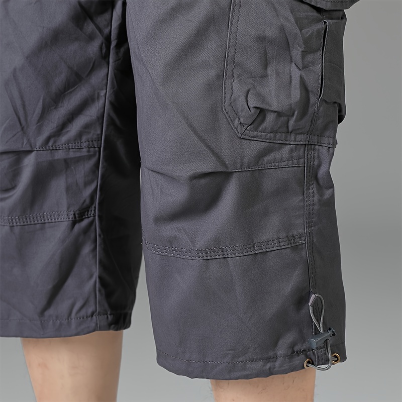 mens 3 4 length solid color non stretch   cotton cargo shorts for summer outdoor wear details 25